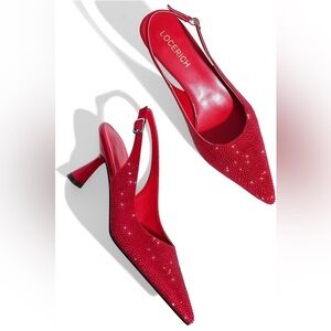 LOCERICH Women's Slingback Kitten Heels Closed Toe Red Rhinestone size 8.5